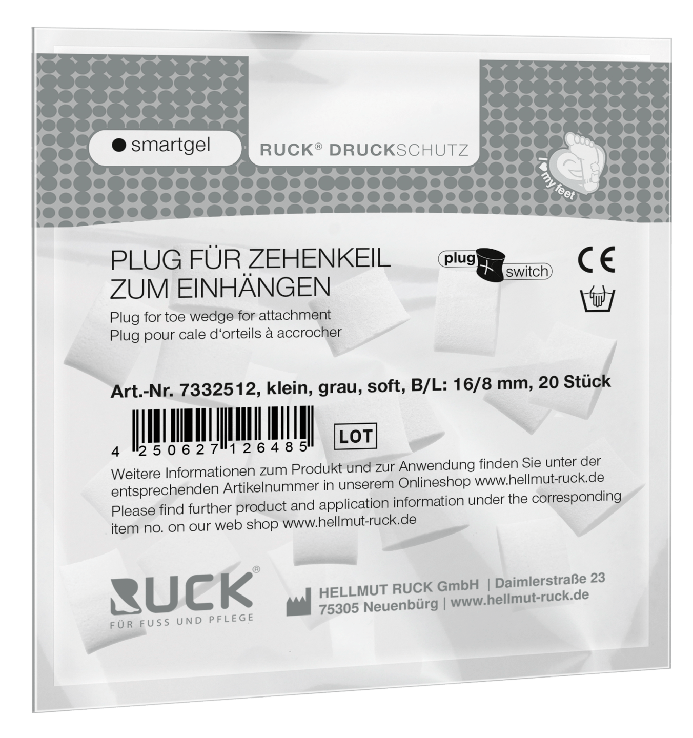 RUCK DRUCKSCHUTZ - Plugs für RUCK® DRUCKSCHUTZ smartgel plug+switch Zehenkeil zum Einhängen in grau