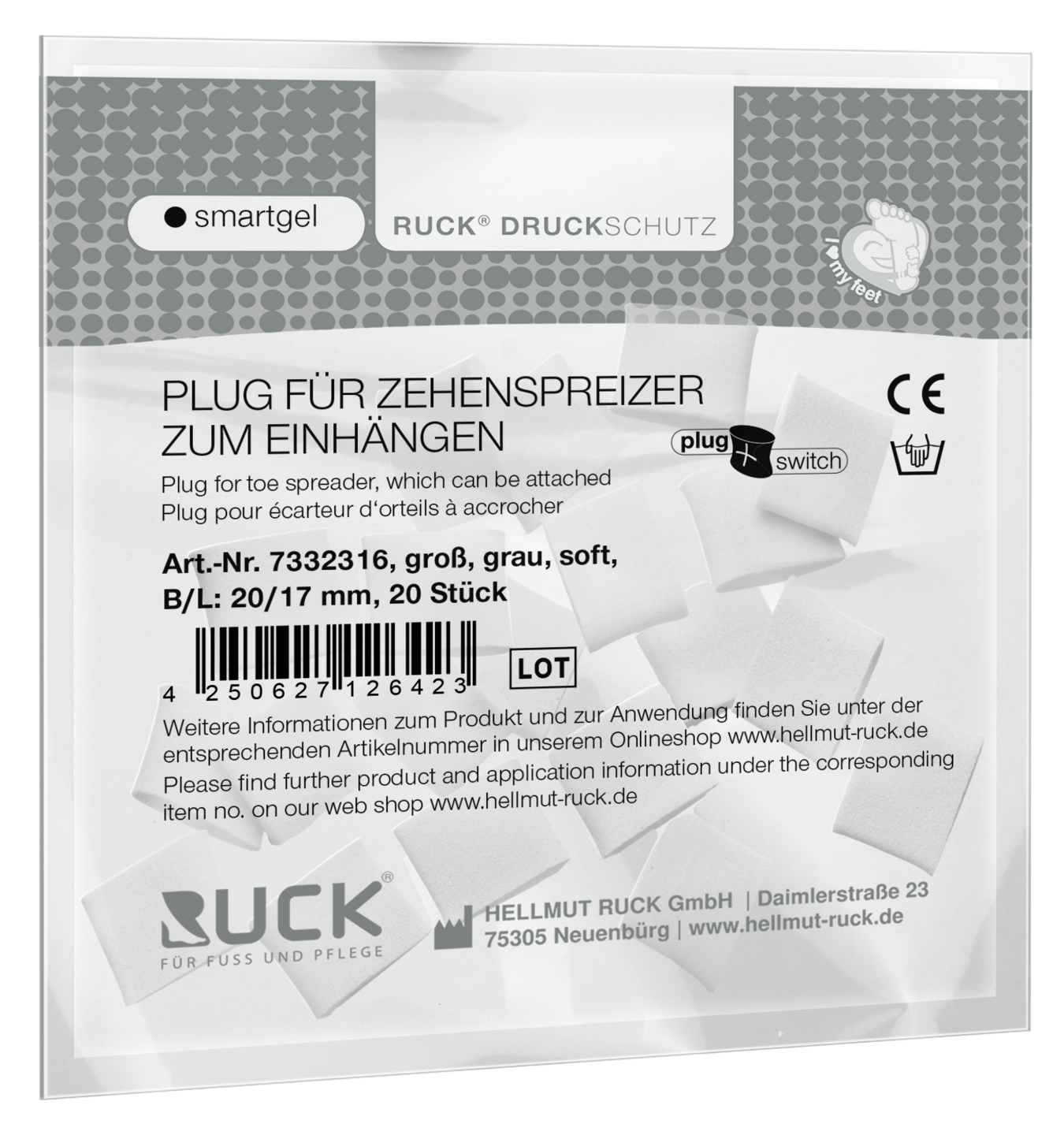 RUCK DRUCKSCHUTZ - Plugs für RUCK® DRUCKSCHUTZ smartgel plug+switch Zehenspreizer zum Einhängen in grau