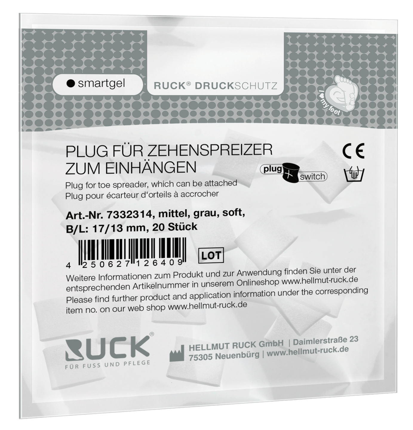 RUCK DRUCKSCHUTZ - Plugs für RUCK® DRUCKSCHUTZ smartgel plug+switch Zehenspreizer zum Einhängen in grau